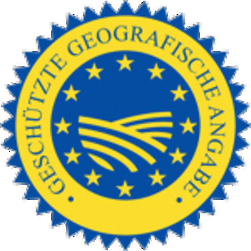 gelb-blaues Logo mit Schriftzug "Geschützte geografische Angabe" und symbolisierte Agrarfläche umrahmt von Sternen