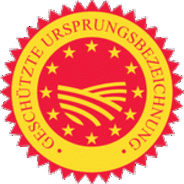 EU-Logo mit Schriftzug "Geschützte Ursprungsbezeichnung" und symbolisierte Agrarfläche umrahmt von Sternen