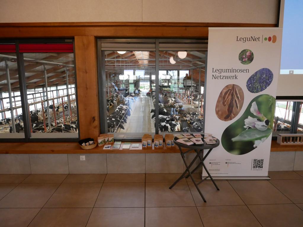 Beratungsraum mit einem Banner "Legunet" und Blick in einen Kuhstall.