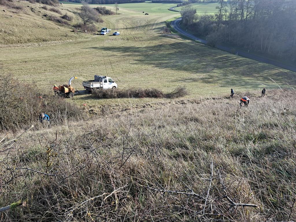 Mehrere Personen arbeiten auf einem Hang mit trockenem Gras, ein weißer Pickup und eine orangefarbene Maschine stehen auf einer Wiese.