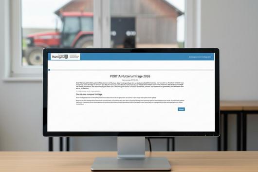 Computerbildschirm auf einem Holztisch zeigt eine Webseite mit der Überschrift 'PORTIA Nutzerumfrage 2026' und Text in deutscher Sprache