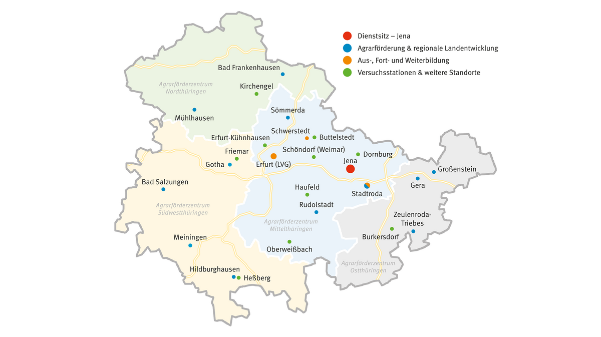 Karte der Standorte des Thüringer Landesamtes für Landwirtschaft und Ländlichen Raum (Stand: Februar 2023)