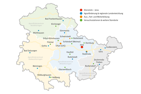 Karte der Standorte des Thüringer Landesamtes für Landwirtschaft und Ländlichen Raum (Stand: Februar 2023)