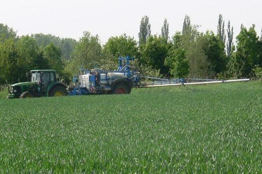 Pflanzenschutzgerät im Einsatz auf einem Getreidefeld
