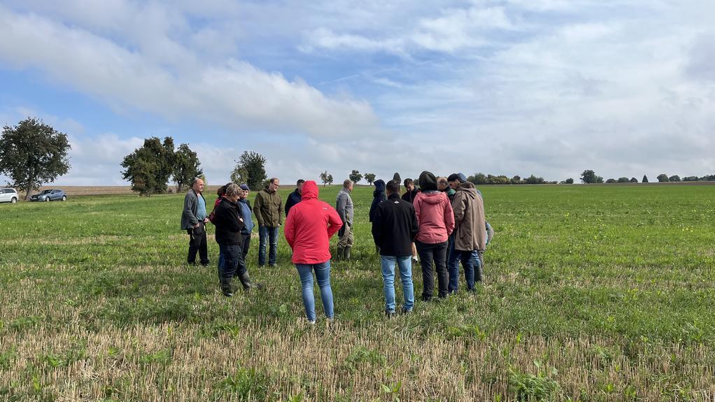 Gruppe von zwölf Personen steht auf einem Feld mit kurzem Gras unter bewölktem Himmel, einige tragen Jacken und Kapuzen.