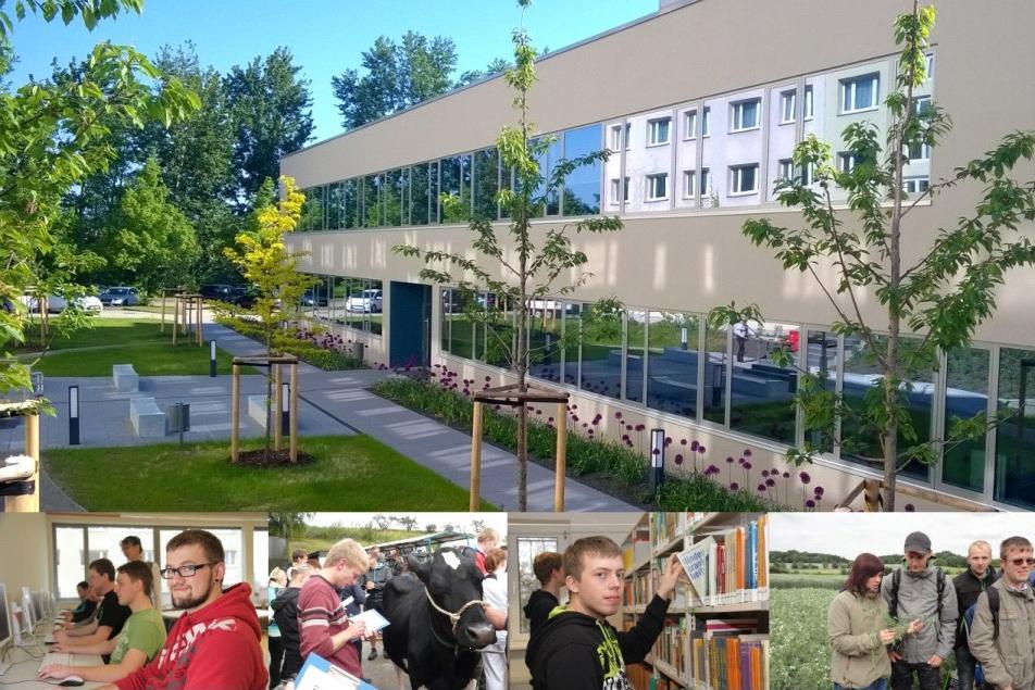 Außenansicht des Gebäudes und Auszubildende im Alltag