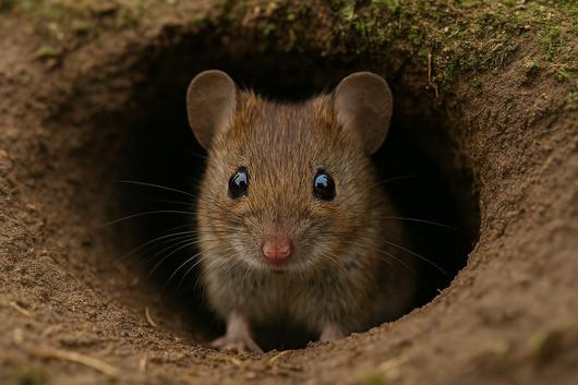 Feldmaus schaut aus dem Mauseloch