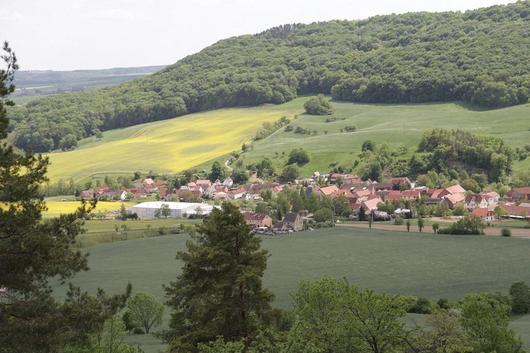 Dorf umgeben von Feldern und Waldflächen