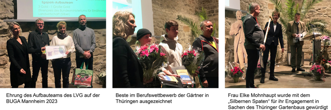Mehrere Personen stehen in einem Raum mit Steinwänden, einige halten Blumen und Bücher, eine Person überreicht ein großes Blatt Papier.
