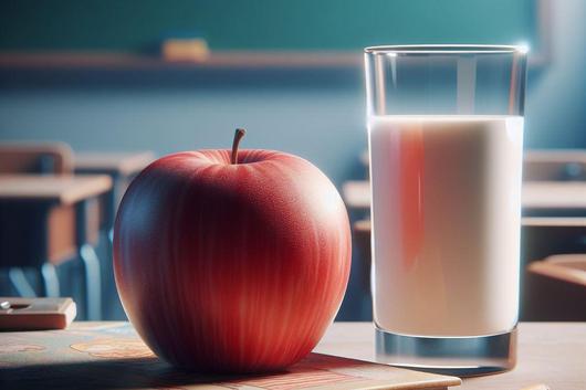 Ein Apfel und ein Glas Milch auf einer Schulbank.