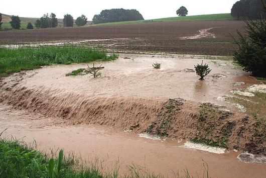 Wasser spült Erde einen Hang hinab in einen Graben
