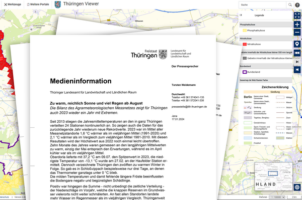 Papier mit Medieninformationen, dahinter eine Landkarte