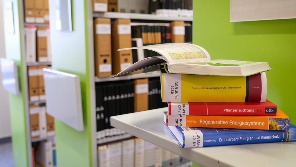 Stapel mit fünf Büchern, im Hintergrund Bücherregal