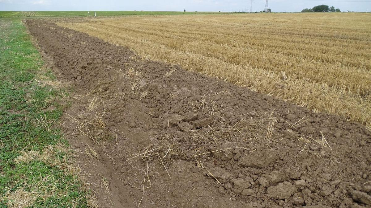 Pflugfurche am Rand eines abgeernteten Getreidefeldes