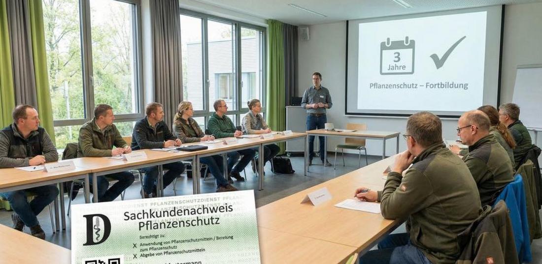 Mehrere Personen sitzen an einem U-förmigen Tisch in einem Seminarraum, eine Person steht vor einer Leinwand mit der Aufschrift '3 Jahre Pflanzenschutz - Fortbildung'.