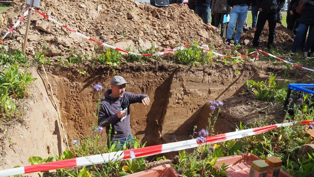 Person mit grauer Mütze und dunkler Jacke steht in einer großen Erdgrube, umgeben von rot-weißem Absperrband und Pflanzen.