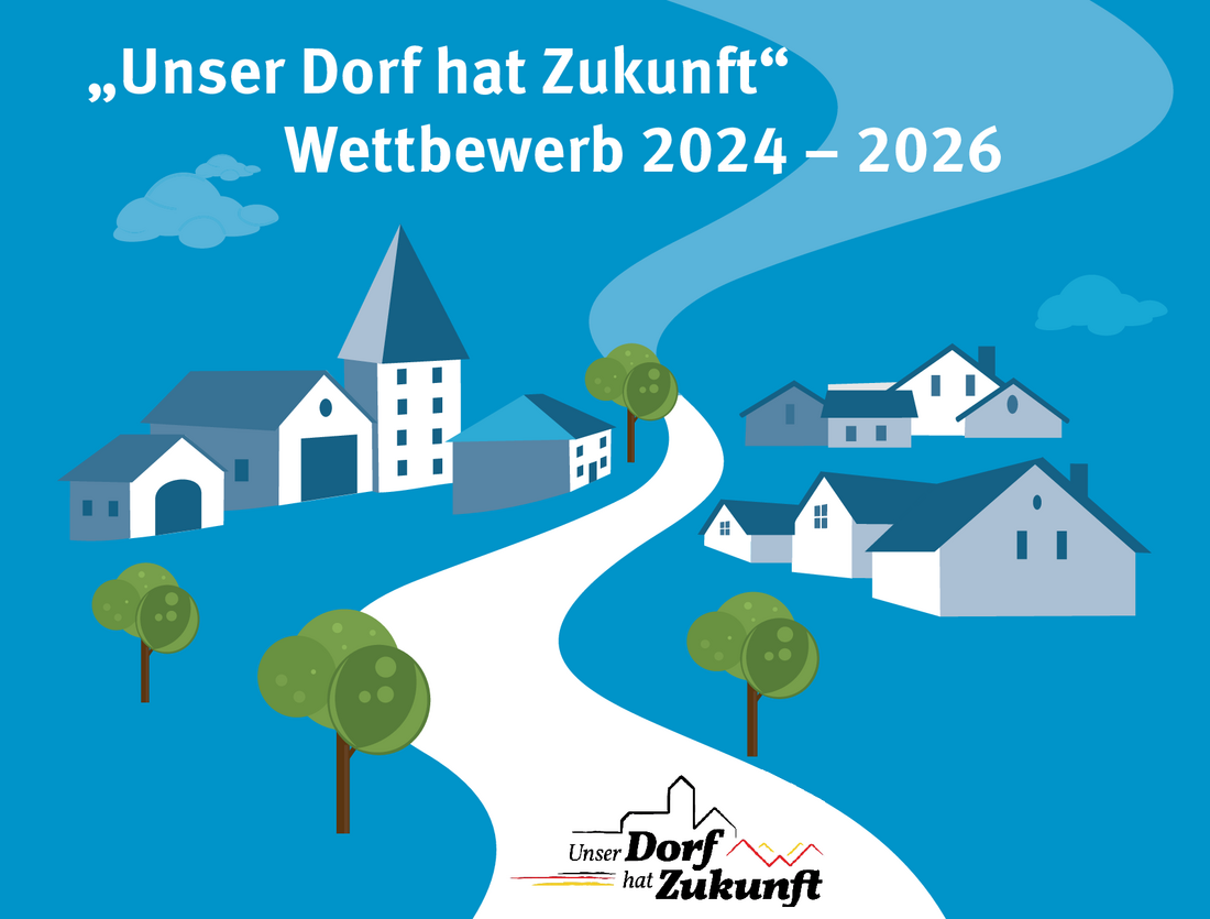 Stilisiertes Bild eines Dorfes mit dem Schriftzug "Unser Dorf hat Zukunft"