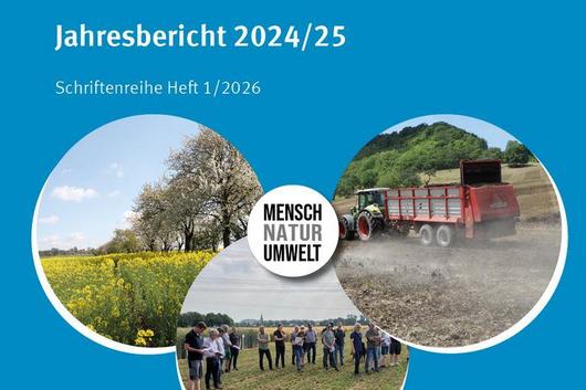 Bildcollage aus Motiven Mensch, Umwelt und Natur auf blauer Hintergrundfläche