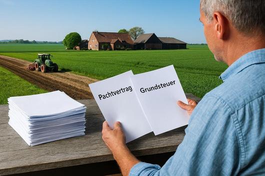Mann hält zwei Blätter mit den Worten 'Pachtvertrag' und 'Grundsteuer', im Hintergrund ein Traktor auf einem Feld und ein Bauernhof.