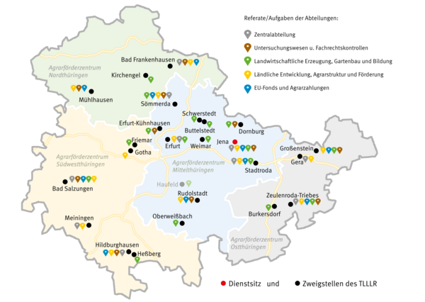 Karte der Standorte des Thüringer Landesamtes für Landwirtschaft und Ländlichen Raum (Stand: Januar 2024)