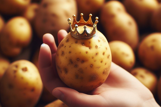 eine Hand, die eine Kartoffel mit Krone hält