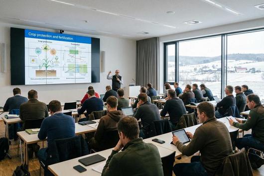 Mehrere Personen sitzen in einem hellen Seminarraum an Tischen und hören einem Vortragenden zu, der vor einer Präsentation mit Diagrammen steht, durch ein großes Fenster ist eine verschneite Landschaft sichtbar.