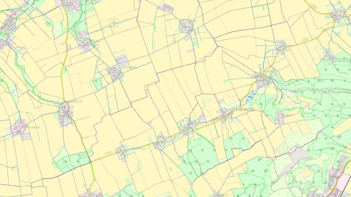 Ausschnitt aus einer Landkarte, in die Waldflächen, Siedlungen und Landwirtschaftsfeldblöcke eingezeichnet sind.
