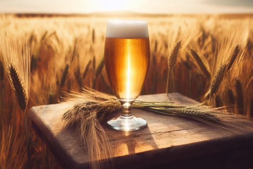 Bierglas vor einem Braugerstenfeld
