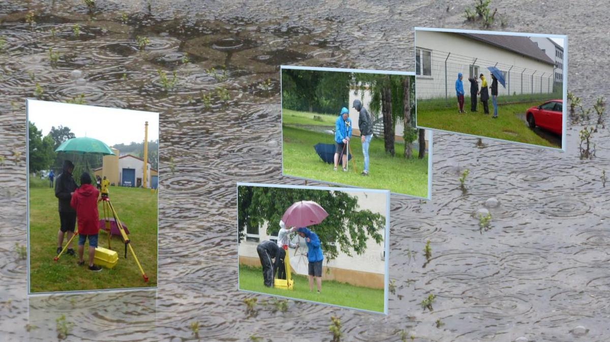 Collage von Bildern: Fachschüler beim Geländeaufmaß im Regen